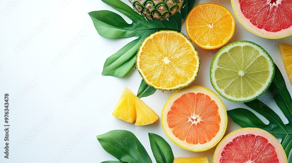 A refreshing combination of tropical fruits on a plain white backdrop A refreshing combination of tropical fruits on a plain white backdrop