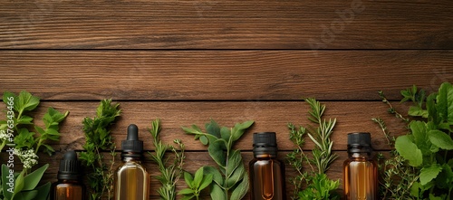 Vibrant Pills Made of Herbs and Flowers in Amber Glass Bottles for Herbal Food Supplements and Wellness photo