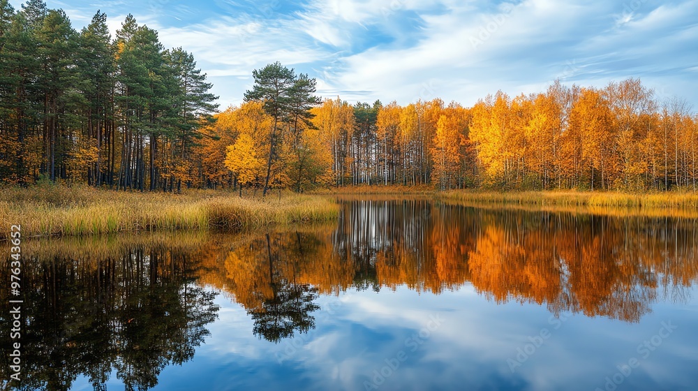 Obraz premium A serene autumn scene with colorful trees reflected in a calm lake.