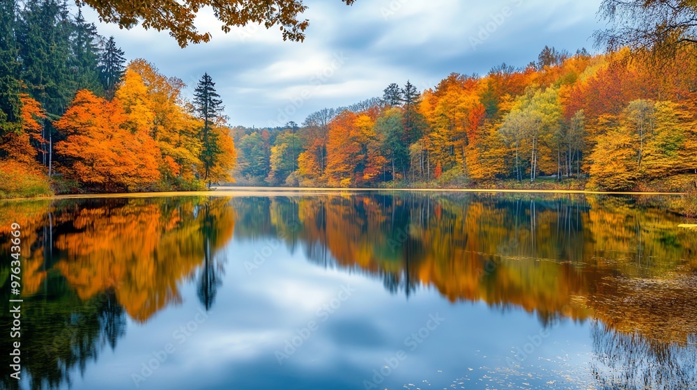 Colorful autumn leaves reflect on a calm lake. Colorful autumn leaves reflect on a calm lake.