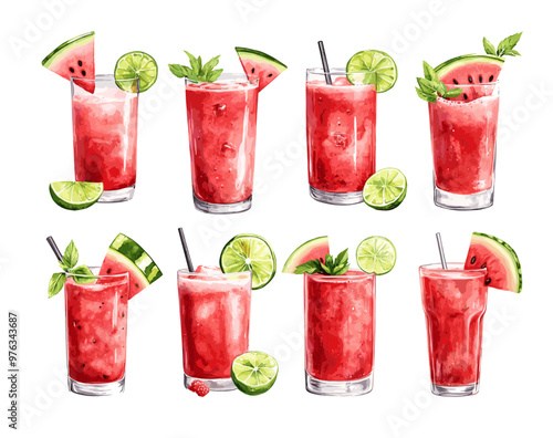 Watercolor fresh watermelon cocktails. Juice cold drinks with ice cubes, tubes in glass decorated lime slices, summer cool beverages tonics isolated vector set on white background