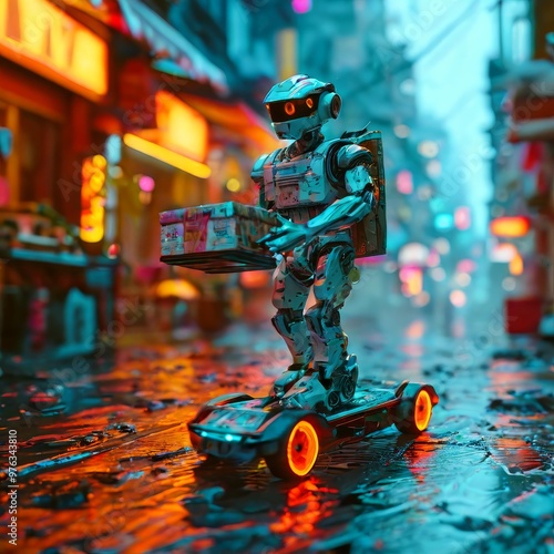 A robot rides a hoverboard while delivering packages through a neon-lit city street. The vibrant urban environment, combined with advanced technology, presents a glimpse into the future of automated