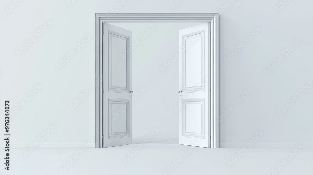 3D illustration of open white double doors isolated on a blue background 3D illustration of open white double doors isolated on a blue background