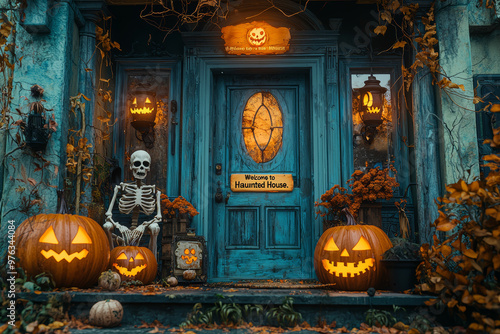 A decorated porch with carved pumpkins, skeletons, and a sign that reads "Welcome to the Haunted House." Concept of Halloween home decor and festive preparation.