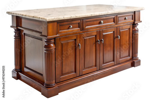 Elegant wooden kitchen island with a marble top and multiple storage drawers, isolated on a transparent or white background.