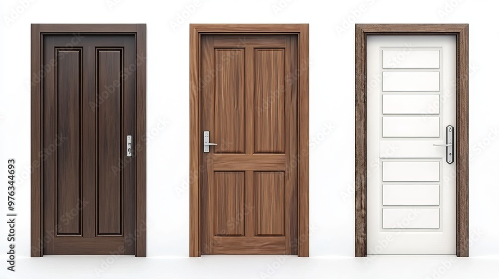 3D realistic rendering of wooden front door designs available in brown and white variations The modern entrance doors feature a closeup mockup of the frame and metal handle 3D realistic rendering of wooden front door designs available in brown and white variations The modern entrance doors feature a closeup mockup of the frame and metal handle
