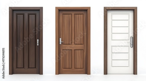 Fototapeta Naklejka Na Ścianę i Meble -  3D realistic rendering of wooden front door designs available in brown and white variations The modern entrance doors feature a closeup mockup of the frame and metal handle