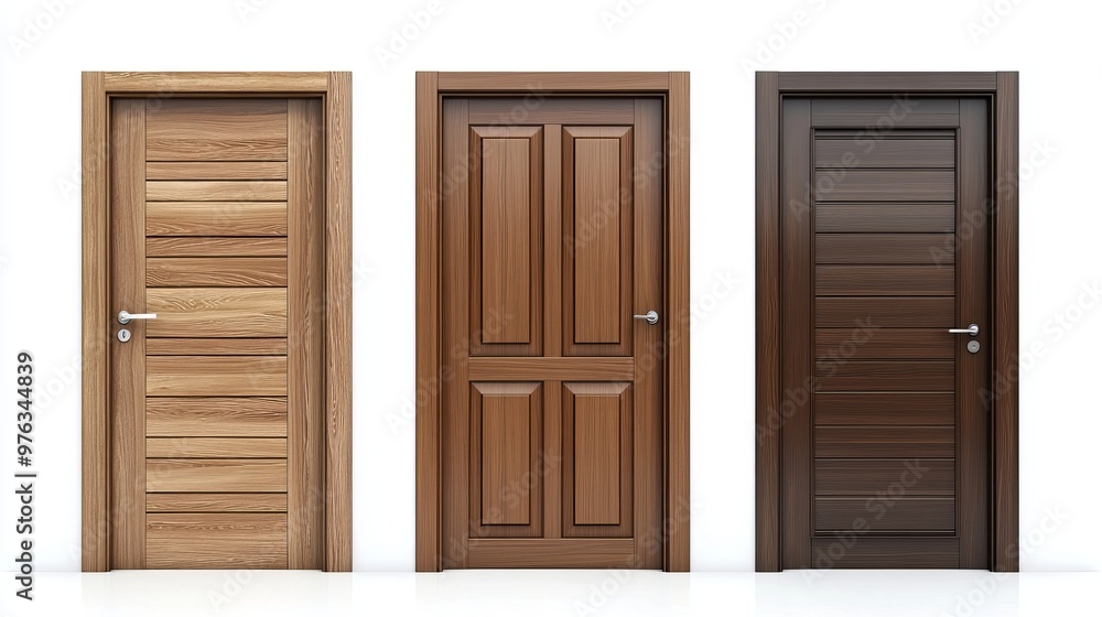 3D realistic rendering of wooden front door designs available in brown and white variations The modern entrance doors feature a closeup mockup of the frame and metal handle 3D realistic rendering of wooden front door designs available in brown and white variations The modern entrance doors feature a closeup mockup of the frame and metal handle