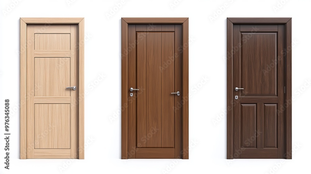 3D realistic rendering of wooden front door designs available in brown and white variations The modern entrance doors feature a closeup mockup of the frame and metal handle 3D realistic rendering of wooden front door designs available in brown and white variations The modern entrance doors feature a closeup mockup of the frame and metal handle