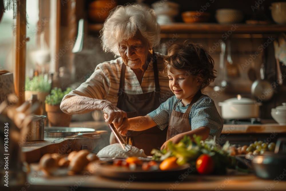 An elderly woman and a young boy enjoy baking together, capturing the joy and warmth of family traditions. An elderly woman and a young boy enjoy baking together, capturing the joy and warmth of family traditions.
