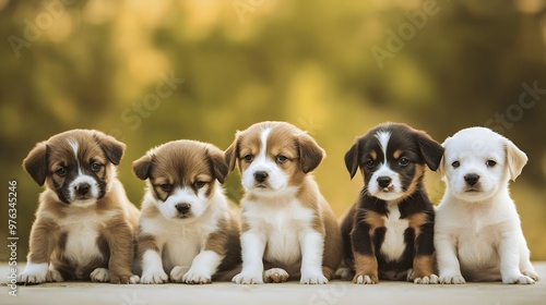 A group of puppies are sitting in a row, with one being a mix of brown and white