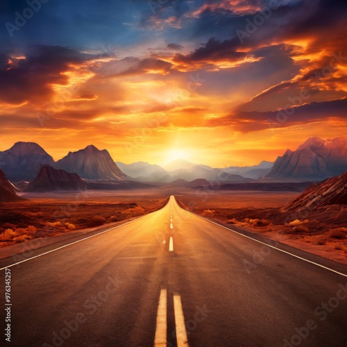 A captivating view of a long highway stretching through a desert landscape, framed by distant mountains and a dramatic sunset sky filled with vibrant oranges, reds, and purples.