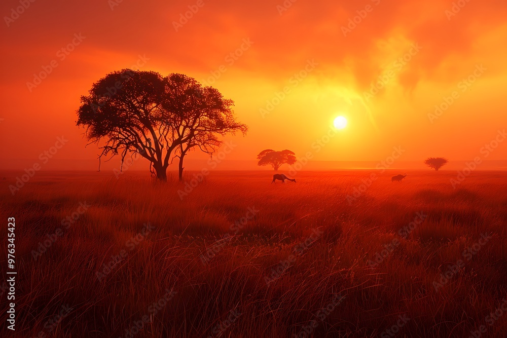 Obraz premium Breathtaking Sunset Over a Serene Savanna Landscape