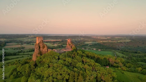 Trosky medieval castle ruins with two ancient towers. Bohemian Paradise, Czech: Cesky raj, Czechia. Aerial 4K footage from above