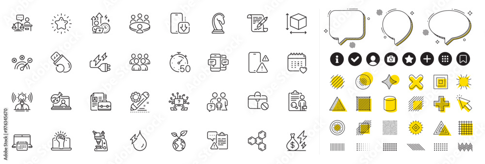 Set of Inspect, Timer and Calendar line icons for web app. Design elements, Social media icons. Jobless, Meeting, Hydroelectricity icons. Vector