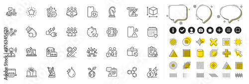 Set of Inspect, Timer and Calendar line icons for web app. Design elements, Social media icons. Jobless, Meeting, Hydroelectricity icons. Vector