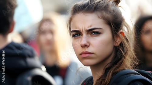 A young woman protestor with a defiant expression
