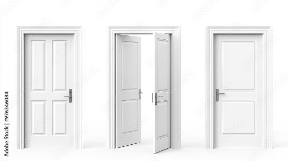 3D render of a set of white doors in various stages of opening isolated on a white background 3D render of a set of white doors in various stages of opening isolated on a white background