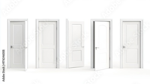 3D render of a set of white doors in various stages of opening isolated on a white background