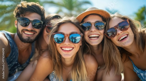 Friends enjoying a sunny day at the beach with smiles and sunglasses