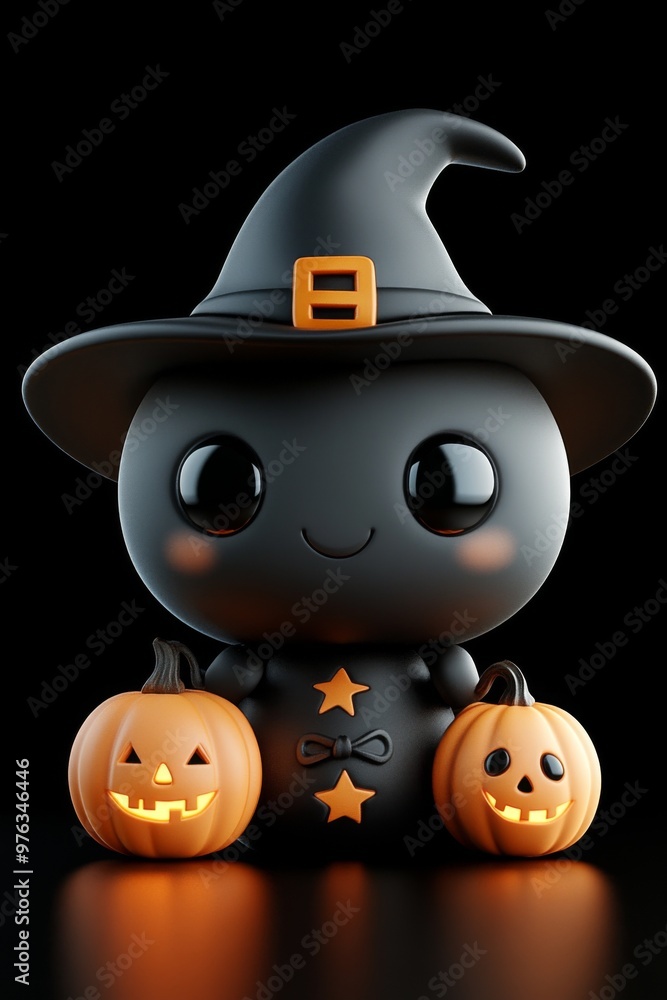 Cute Halloween Witches with Glowing Pumpkins and Autumn Leaves Cute Halloween Witches with Glowing Pumpkins and Autumn Leaves