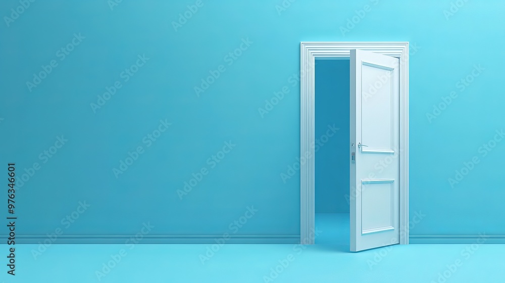 3D render of an open door isolated on a blue background representing an architectural design element and opportunity metaphor in a modern minimalistic concept 3D render of an open door isolated on a blue background representing an architectural design element and opportunity metaphor in a modern minimalistic concept
