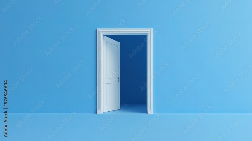 3D render of an open door isolated on a blue background representing an architectural design element and opportunity metaphor in a modern minimalistic concept 3D render of an open door isolated on a blue background representing an architectural design element and opportunity metaphor in a modern minimalistic concept