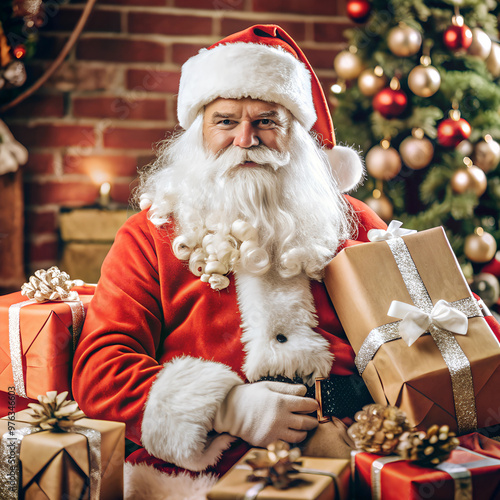 Santa Claus with a lot of gifts on a red background photo