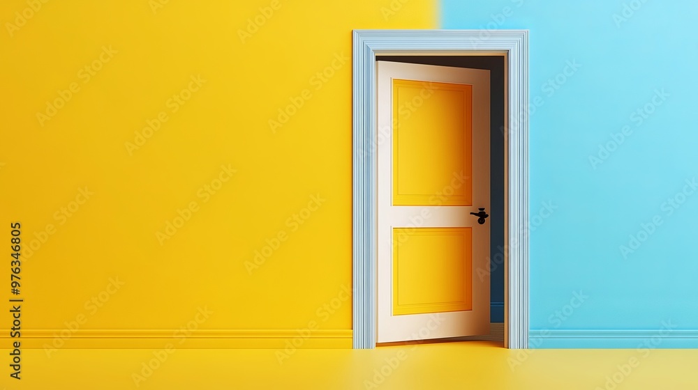 3D render of an open door with a yellow and blue background representing room interior design and an opportunity metaphor in a modern minimalist concept 3D render of an open door with a yellow and blue background representing room interior design and an opportunity metaphor in a modern minimalist concept