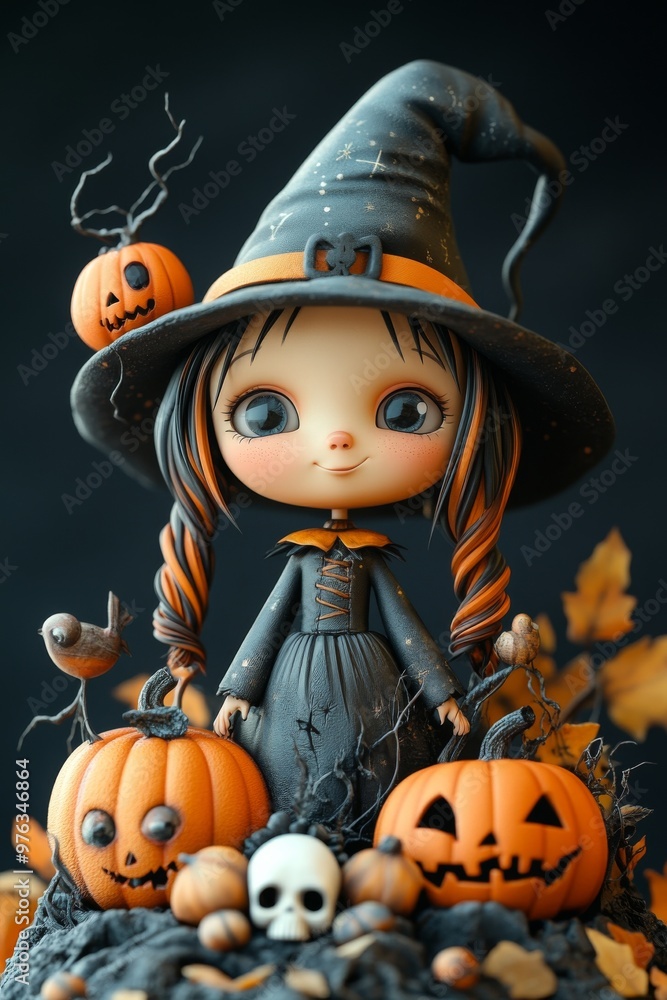 Cute Halloween Witches with Glowing Pumpkins and Autumn Leaves Cute Halloween Witches with Glowing Pumpkins and Autumn Leaves