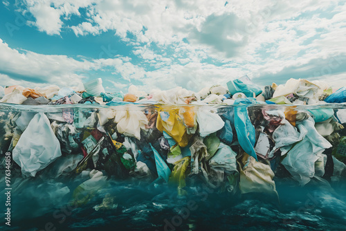 Plastic pollution on the surface of the  ocean, sea, plastic rubbish, waste, polluted ocean photo