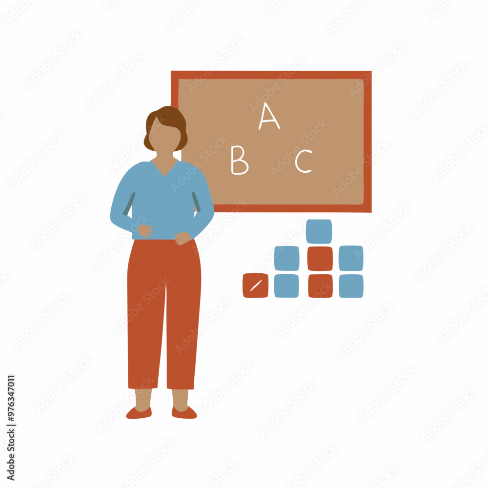 Elementary school teacher standing in front of a board with letters and blocks, modern illustration style
Elementary school teacher standing in front of a board with letters and blocks, modern illustration style