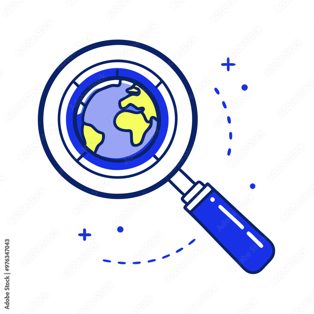 Magnifying glass focusing on a globe, colorful design with blue accents on white background, copy space
Magnifying glass focusing on a globe, colorful design with blue accents on white background, copy space