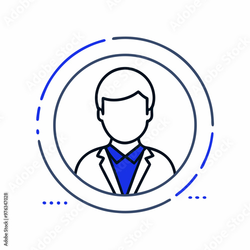 Professional man in a suit, outlined illustration with blue accents, minimalist design on white background, copy space