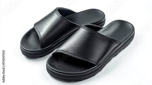 Basic black slip-on sandals, open-toe design, shown isolated on a white background, perfect for men, women, or children