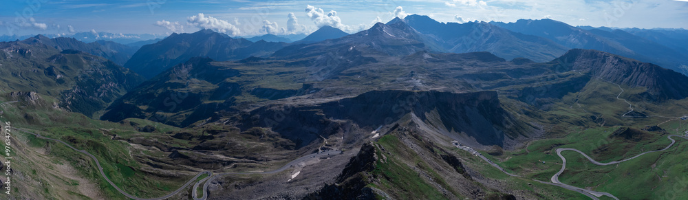 Aerial panorama of hochtor, viewed far from above. Epic view of the tunnel on austria's highest motorable road. Majestic alpine panorama aroubnd Grossglockner