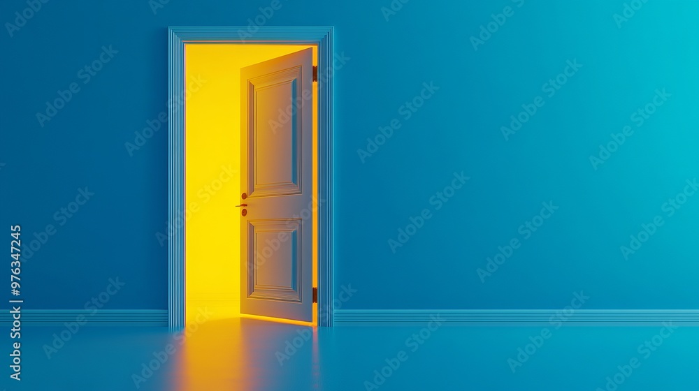 3D render of an open door with yellow light shining inside isolated on a blue background Represents new career opportunities business ventures and initiative in a modern minimalistic 3D render of an open door with yellow light shining inside isolated on a blue background Represents new career opportunities business ventures and initiative in a modern minimalistic