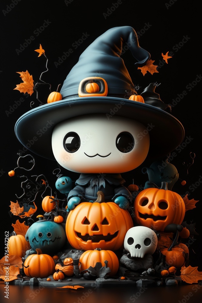 Cute Halloween Witches with Glowing Pumpkins and Autumn Leaves Cute Halloween Witches with Glowing Pumpkins and Autumn Leaves