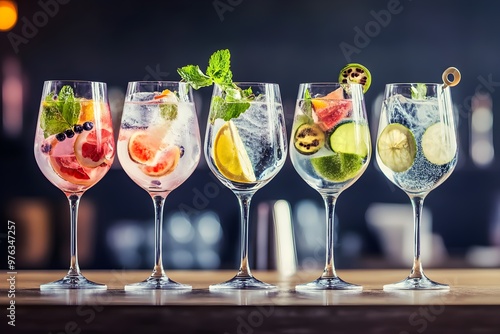 Five colorful gin tonic cocktails in wine glasses on bar counter in pup or restaurant