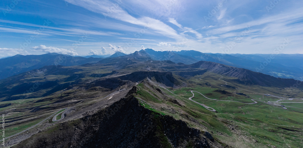 Aerial panorama of hochtor, viewed far from above. Epic view of the tunnel on austria's highest motorable road. Majestic alpine panorama aroubnd Grossglockner