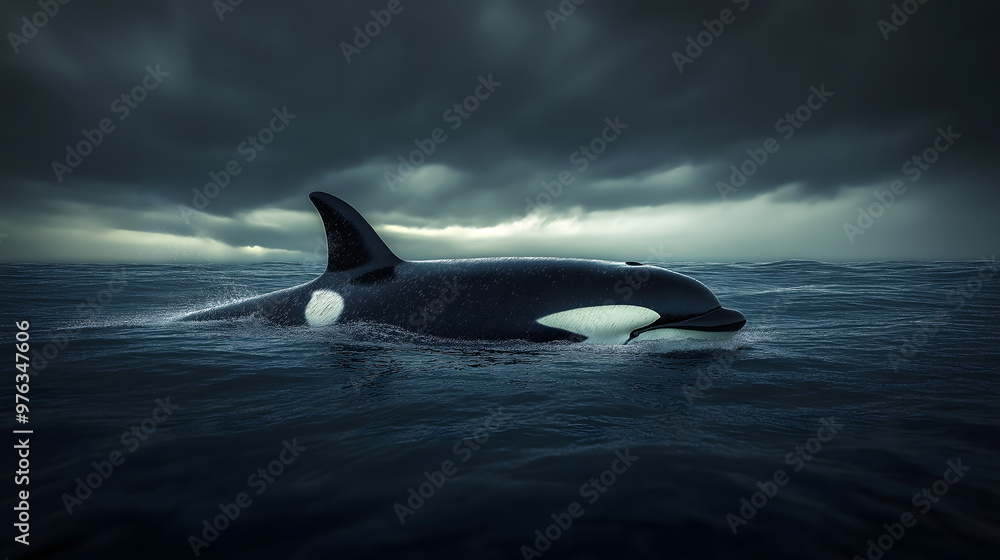 Fototapeta premium Orca in the ocean, jumping, beautiful orca, deadly sea predator orca, generative AI