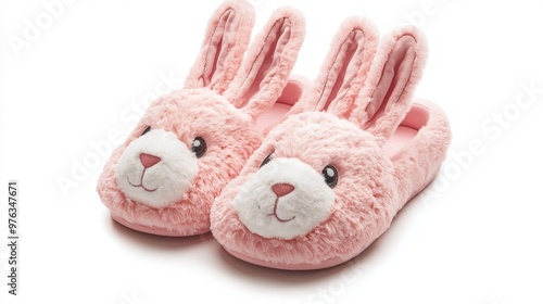 Warm and fluffy bunny slippers for women, shown isolated on a white background photo