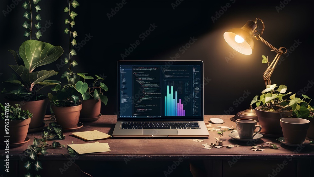 A cozy nighttime workspace with a computer screen displaying code and data visualizations. The desk is softly lit by a warm lamp and is surrounded by plants, creating a calming atmosphere. A cozy nighttime workspace with a computer screen displaying code and data visualizations. The desk is softly lit by a warm lamp and is surrounded by plants, creating a calming atmosphere.