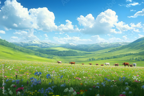 Illustration of meadow with grazing cows with colorful flowers under a clear blue sky, stretching towards distant green hills