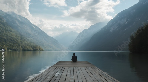 Man sitting on the pier by the lake, mountains in the background 