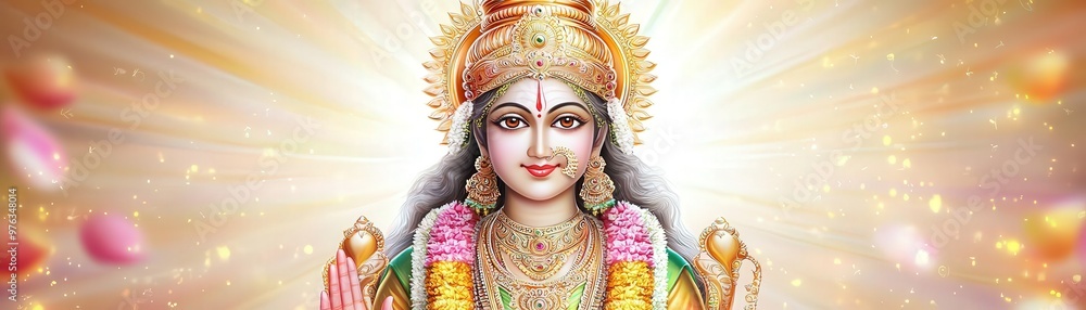 Capture a close-up of Hindu Goddess Lakshmi in vibrant colors, radiating serenity and abundance Utilize digital techniques for a photorealistic representation Capture a close-up of Hindu Goddess Lakshmi in vibrant colors, radiating serenity and abundance Utilize digital techniques for a photorealistic representation