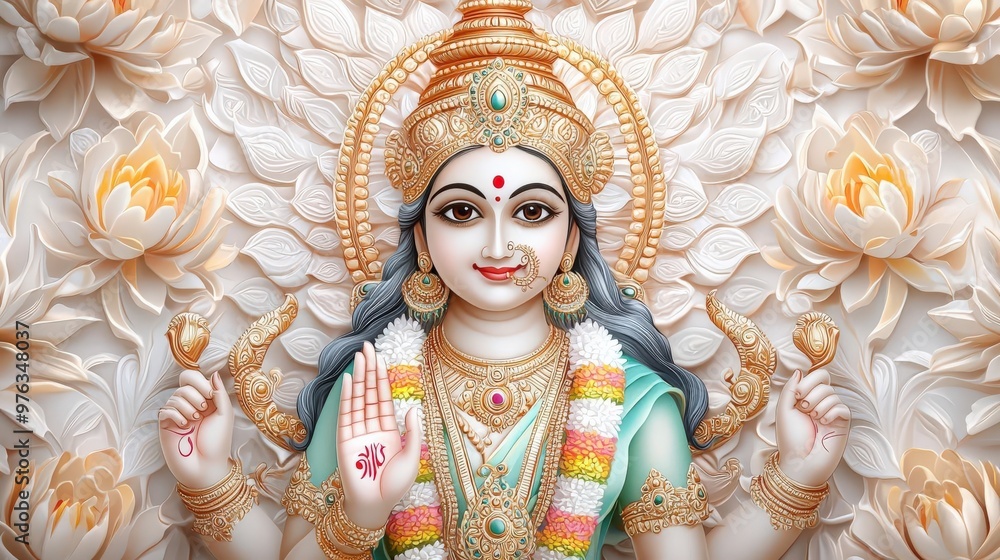 Capture a close-up shot of Hindu goddess Lakshmi radiating blessings, showcasing intricate details and vibrant colors in traditional watercolor style Capture a close-up shot of Hindu goddess Lakshmi radiating blessings, showcasing intricate details and vibrant colors in traditional watercolor style