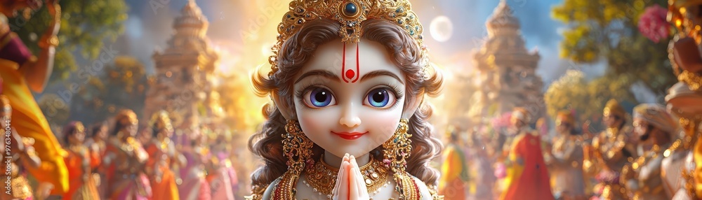 Capture a detailed, close-up shot of the Hindu deity Krishna, radiating elegance and grace, amidst a backdrop of vibrant colors and traditional rituals in a CG 3D style Capture a detailed, close-up shot of the Hindu deity Krishna, radiating elegance and grace, amidst a backdrop of vibrant colors and traditional rituals in a CG 3D style