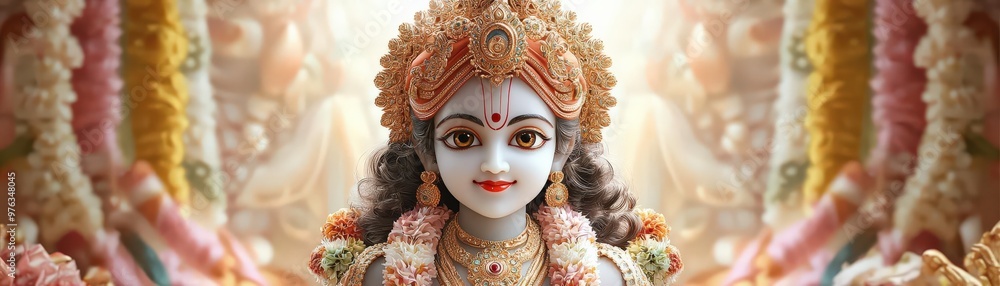 Capture a detailed, close-up shot of the Hindu deity Krishna, radiating elegance and grace, amidst a backdrop of vibrant colors and traditional rituals in a CG 3D style Capture a detailed, close-up shot of the Hindu deity Krishna, radiating elegance and grace, amidst a backdrop of vibrant colors and traditional rituals in a CG 3D style