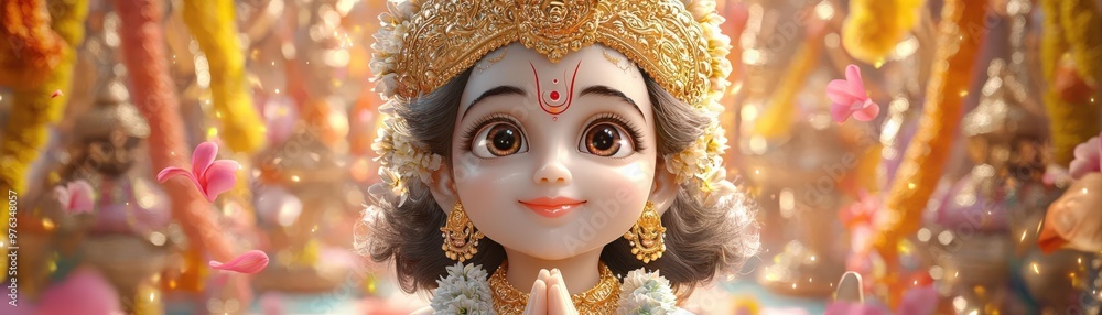 Capture a detailed, close-up shot of the Hindu deity Krishna, radiating elegance and grace, amidst a backdrop of vibrant colors and traditional rituals in a CG 3D style Capture a detailed, close-up shot of the Hindu deity Krishna, radiating elegance and grace, amidst a backdrop of vibrant colors and traditional rituals in a CG 3D style